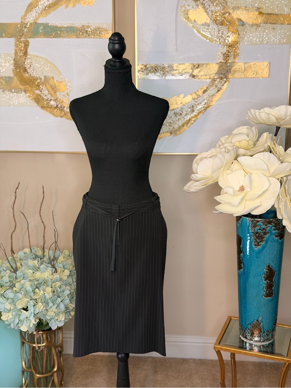 Larry Levine Black Pinstripe Pencil Skirt with Waist Tie Detail